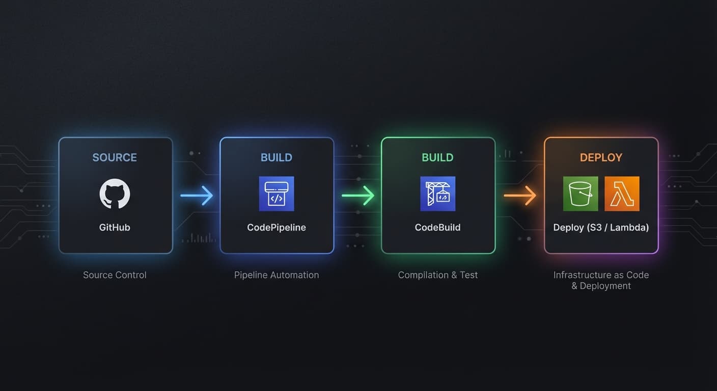 Architecture diagram for a CI/CD pipeline with GitHub, CodePipeline, and CodeBuild