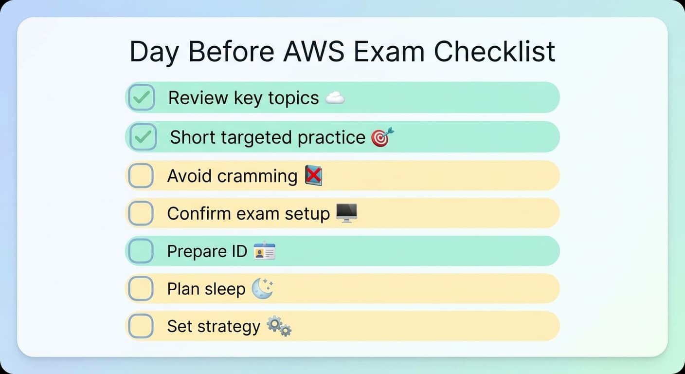 Checklist graphic for what to do the day before an AWS certification exam