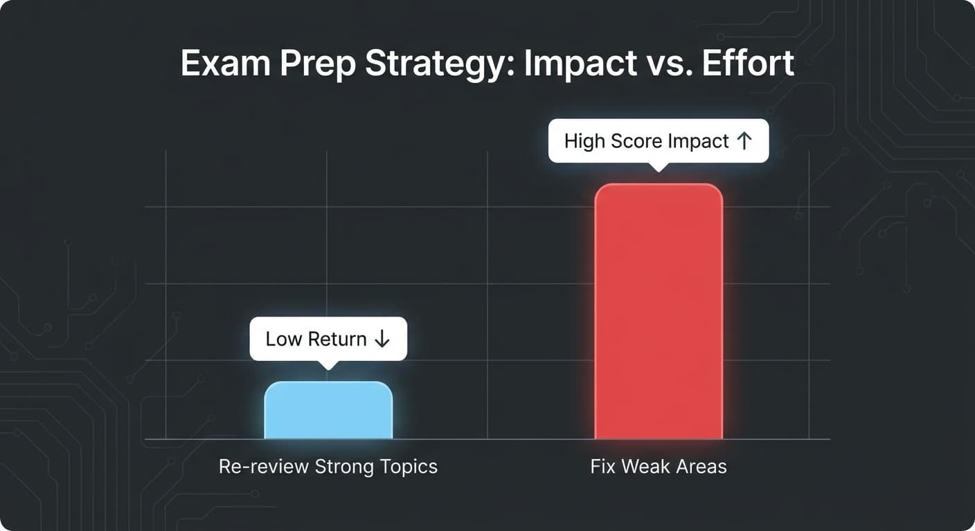 ROI chart showing weak-area review delivers more exam score upside than over-reviewing strengths