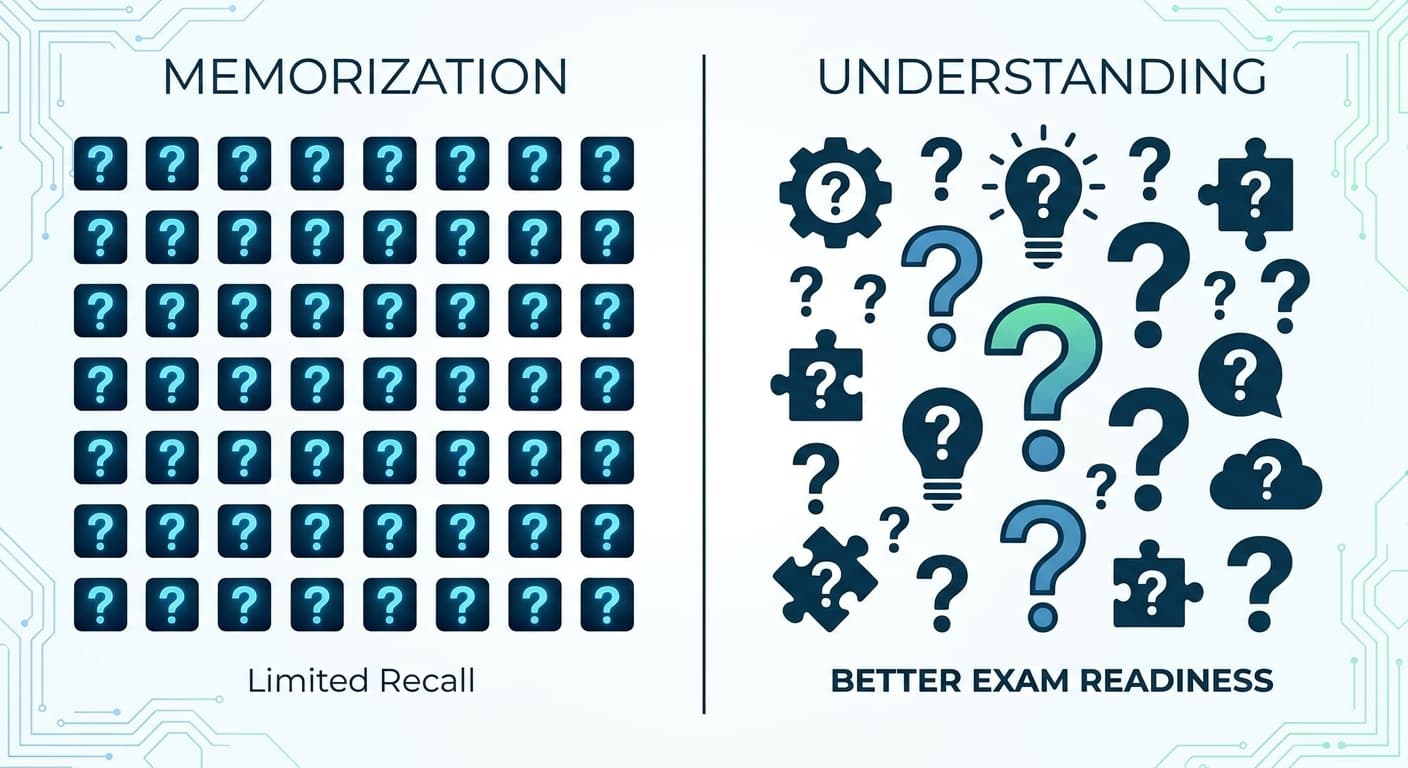 Comparison showing memorization versus understanding for certification exam prep
